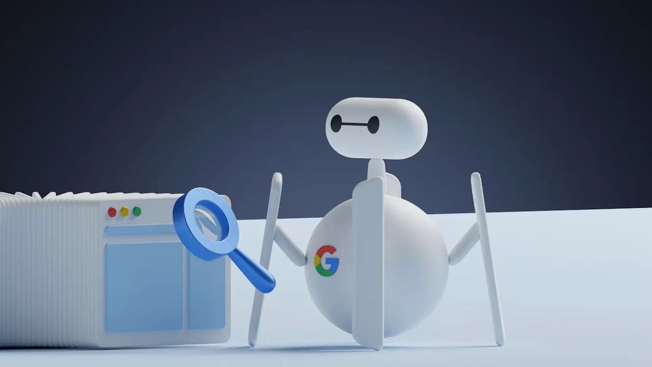 Search robot with a blue magnifying glass beside website pages