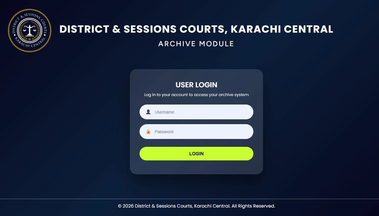 Login screen in the court archive application