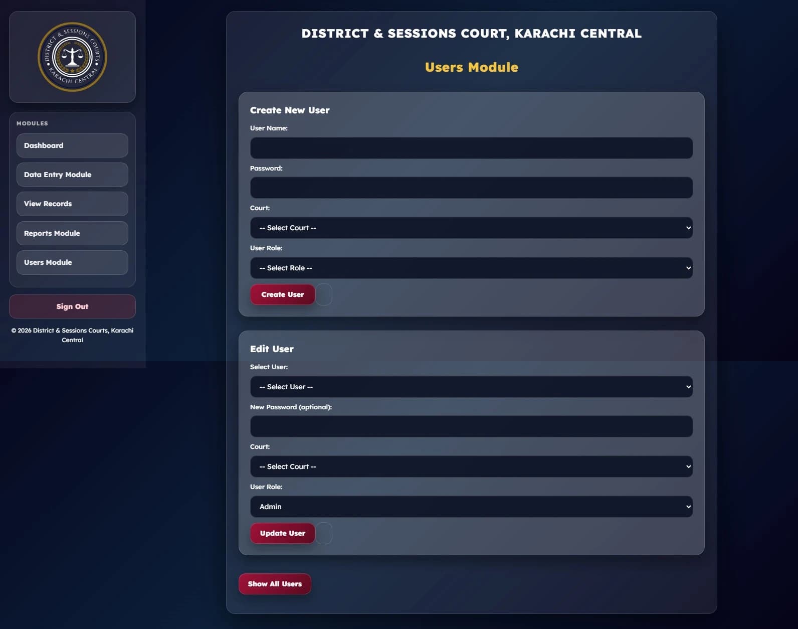 Users module of the court archive project