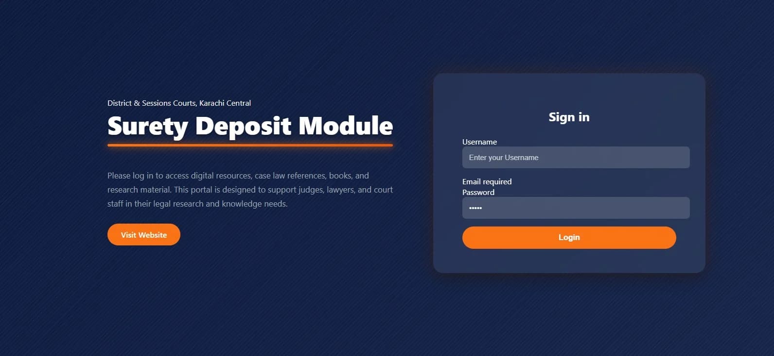 Sign in screen of the Surety Deposit Module