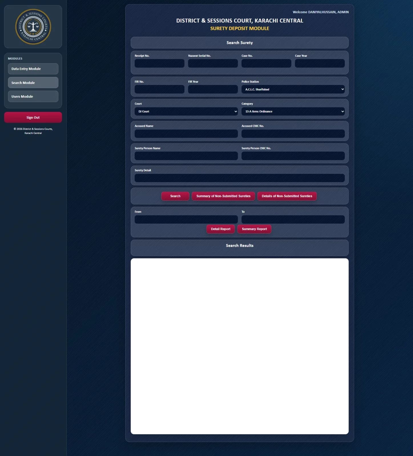 Search & reports interface in the Surety Deposit Module
