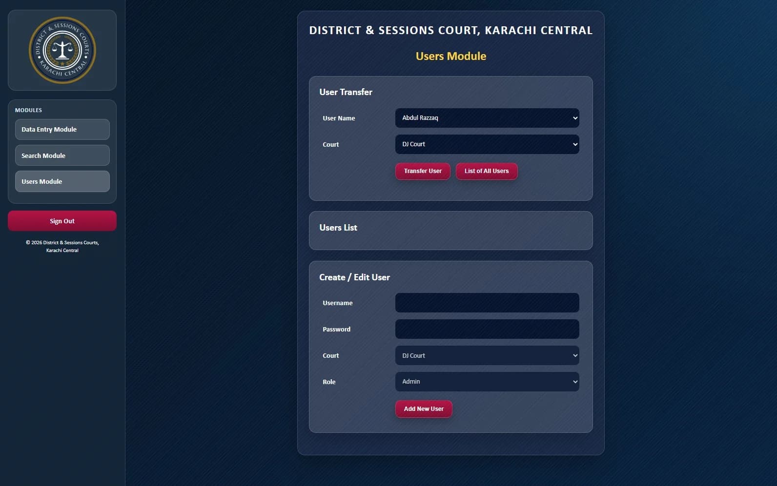 User administration interface in the Surety Deposit Module