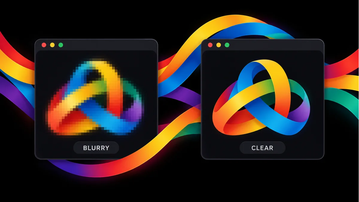 A colourful ribbon logo shown with pixelated edges on the left and clear edges on the right