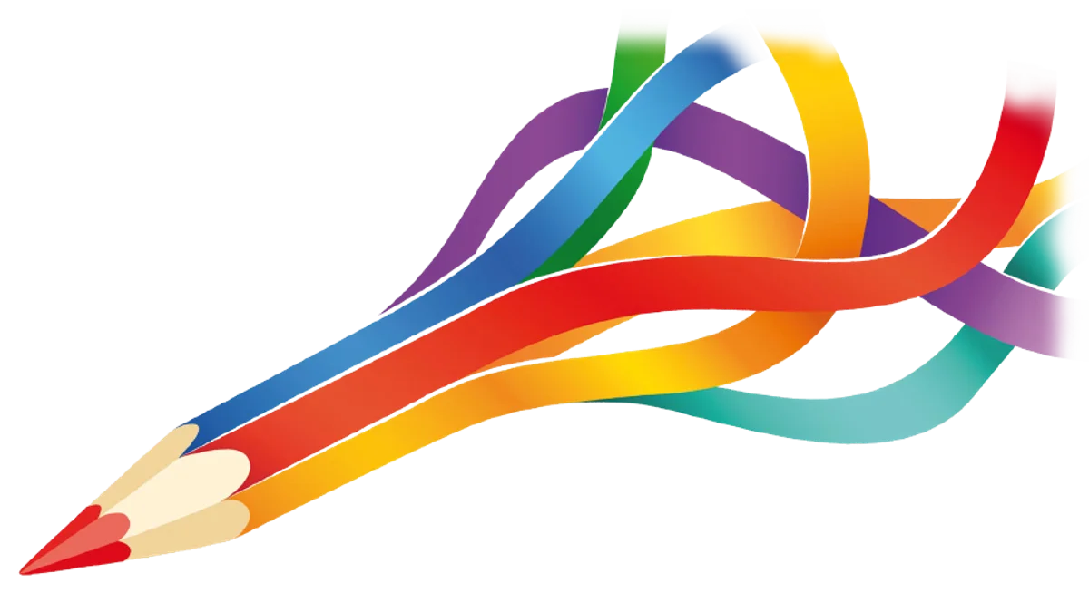 Colourful pencils flowing into rainbow ribbons on a dark background