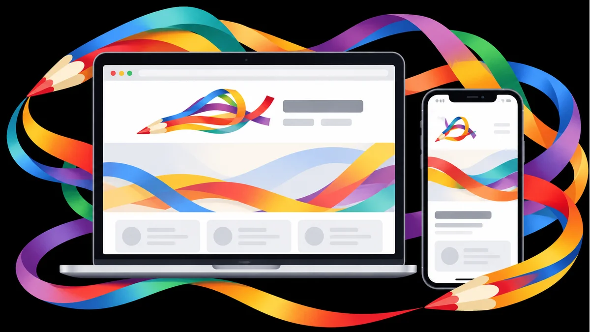 Colourful pencil and ribbon logos displayed in desktop and mobile website layouts