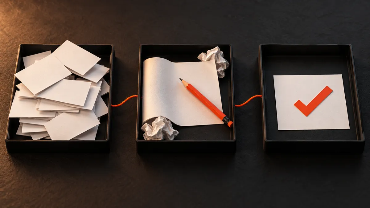 Document trays showing a review, editing and verification workflow on a charcoal table