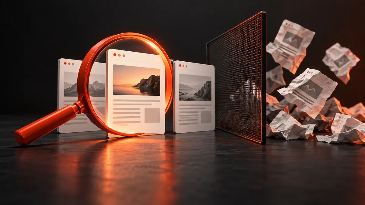 Orange magnifying glass inspecting web pages beside a filter separating crumpled duplicate pages