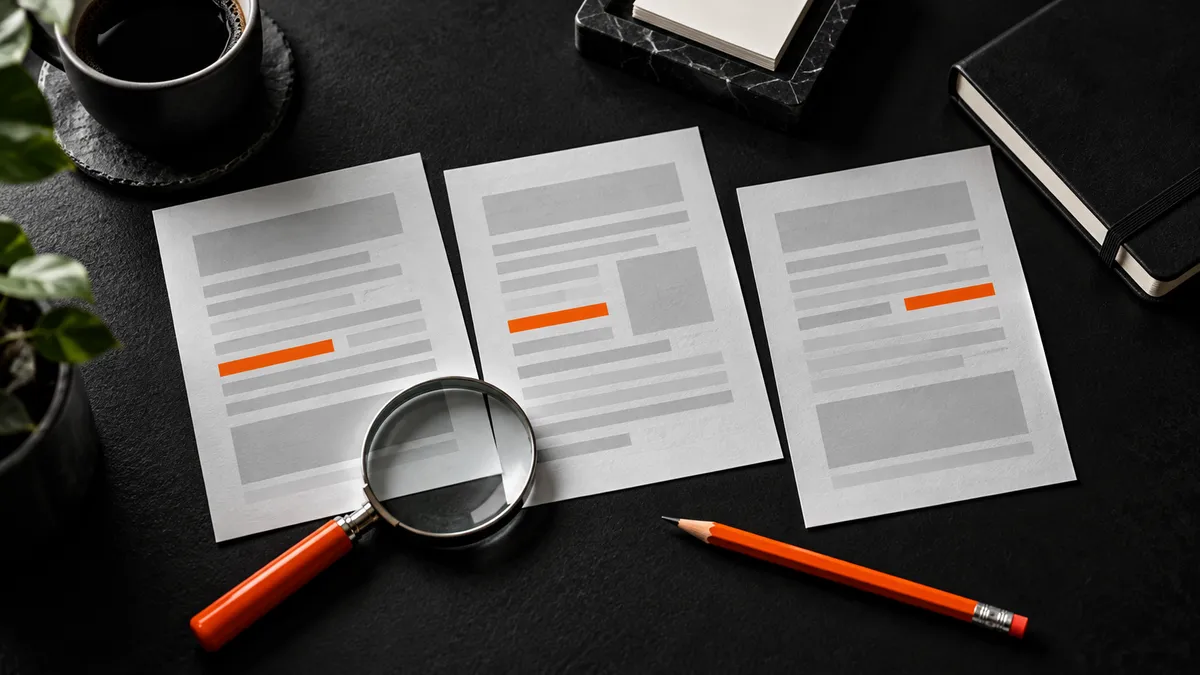 Three page samples on a dark desk with an orange pencil and a magnifying glass