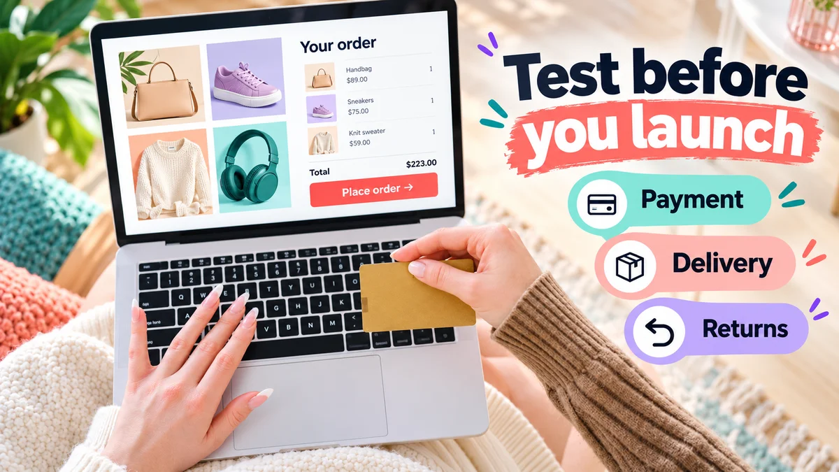 Customer using a laptop and payment card with Test before you launch and Payment, Delivery, Returns labels
