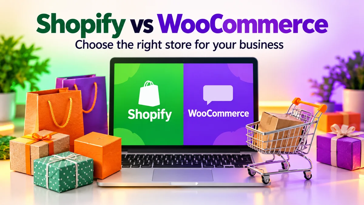 Shopify vs WooCommerce comparison heading above a laptop, colourful shopping bags and a small cart