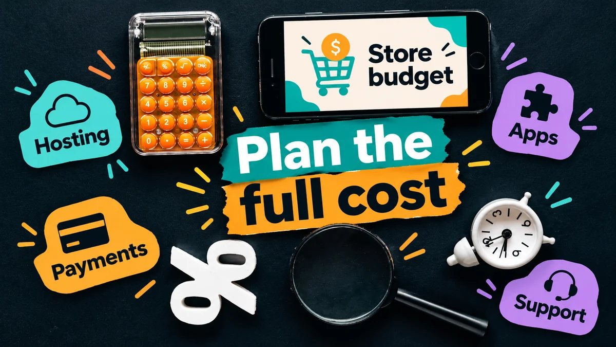 Orange calculator and phone with colourful Hosting, Apps, Payments and Support labels under Plan the full cost