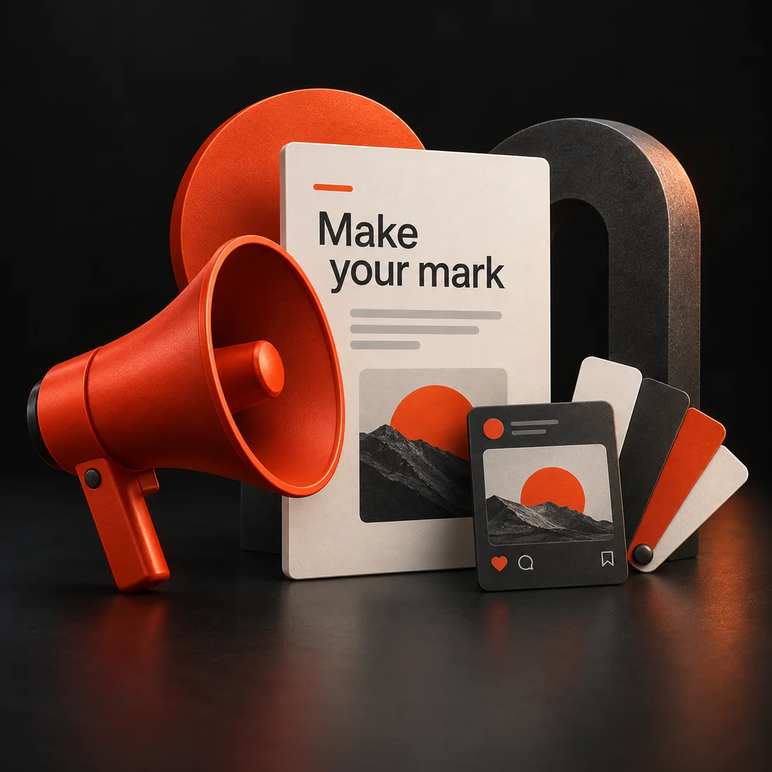 Orange megaphone, campaign cards and a coordinated identity colour palette