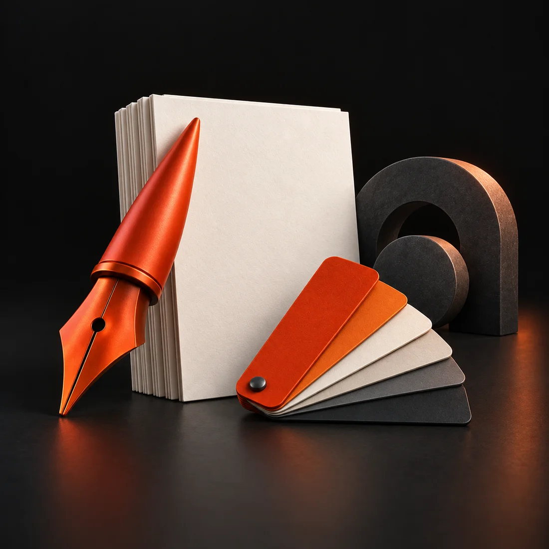 Orange pen nib, stationery, geometric identity mark and colour swatches