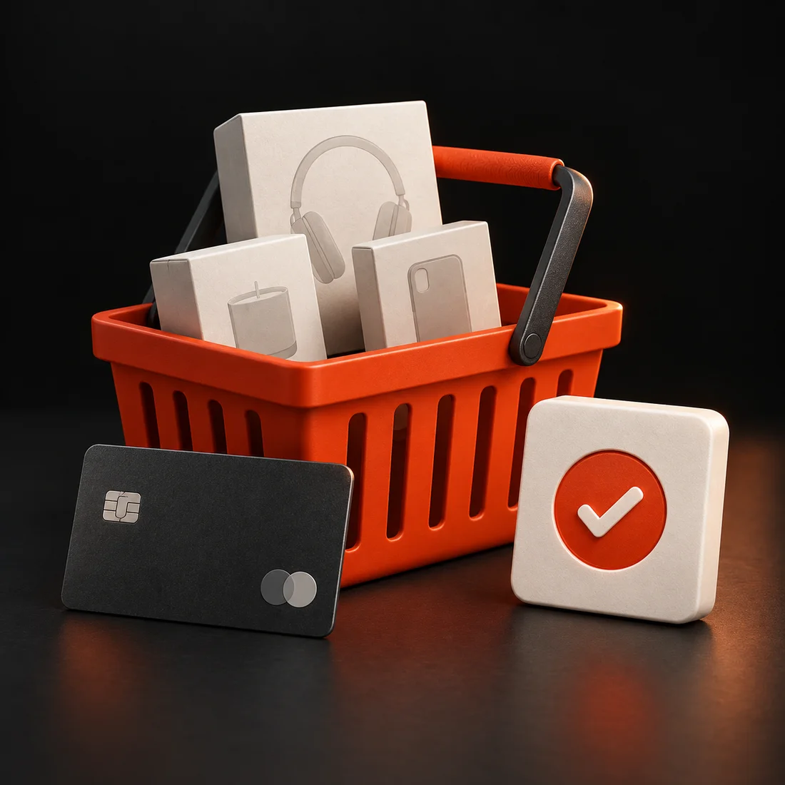 Orange shopping basket, packaged products and payment card