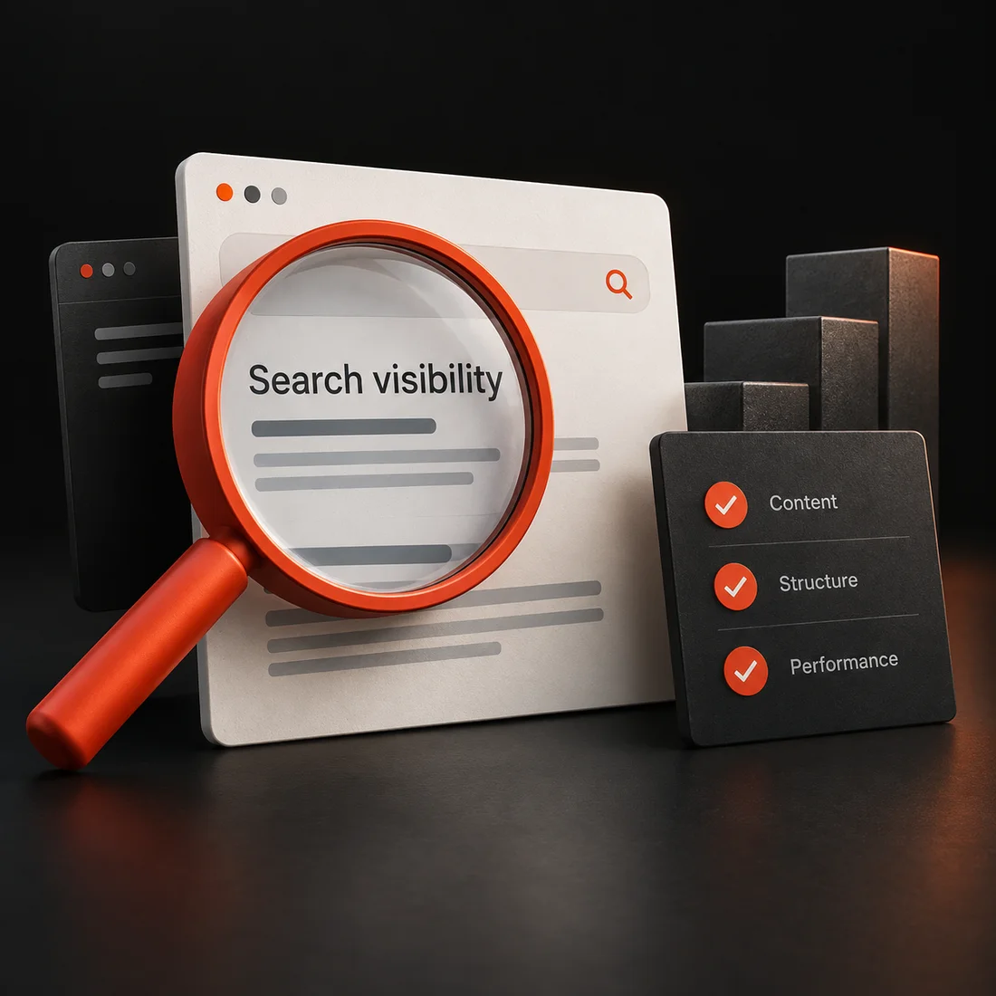 Orange magnifying glass over search results with content, structure and performance checks