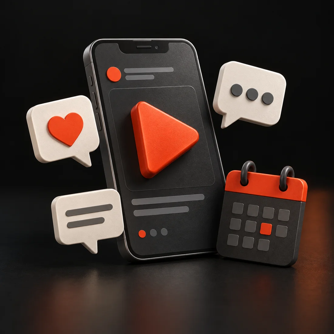 Orange play button on a sculptural smartphone with conversation and calendar tiles