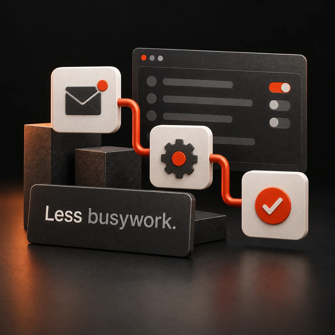 Connected workflow tiles with an inbox, processing step and approval check