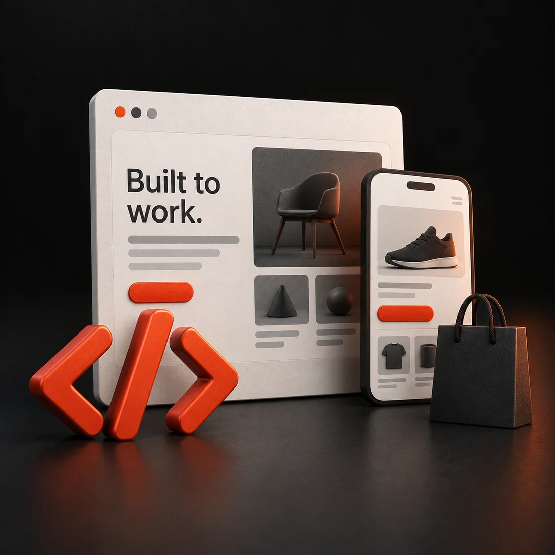 Sculpted desktop and mobile website layouts with orange code brackets